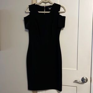 Tommy Hilfiger black cold shoulder dress with exposed gold zipper.